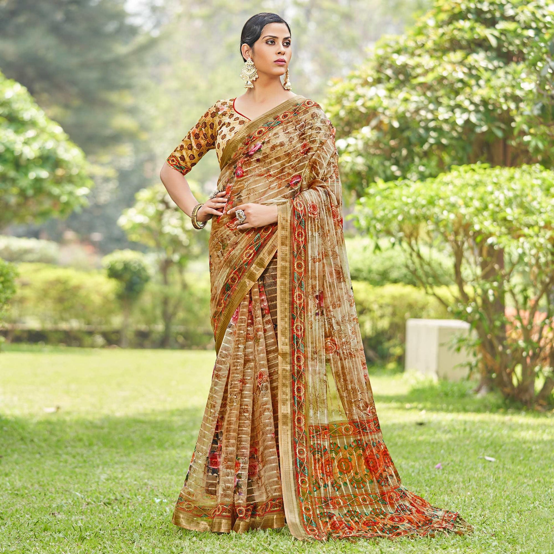 Brown Floral Digital Printed With Sequins Linen Saree