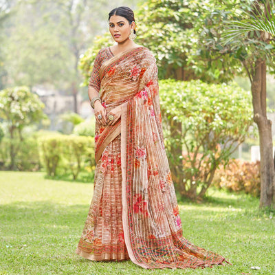 Brown Floral Digital Printed With Sequins Linen Saree