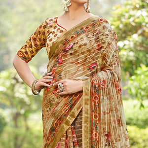 Brown Floral Digital Printed With Sequins Linen Saree