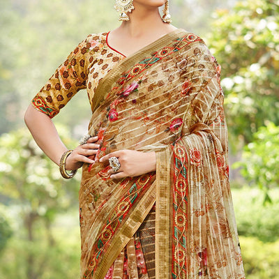 Brown Floral Digital Printed With Sequins Linen Saree
