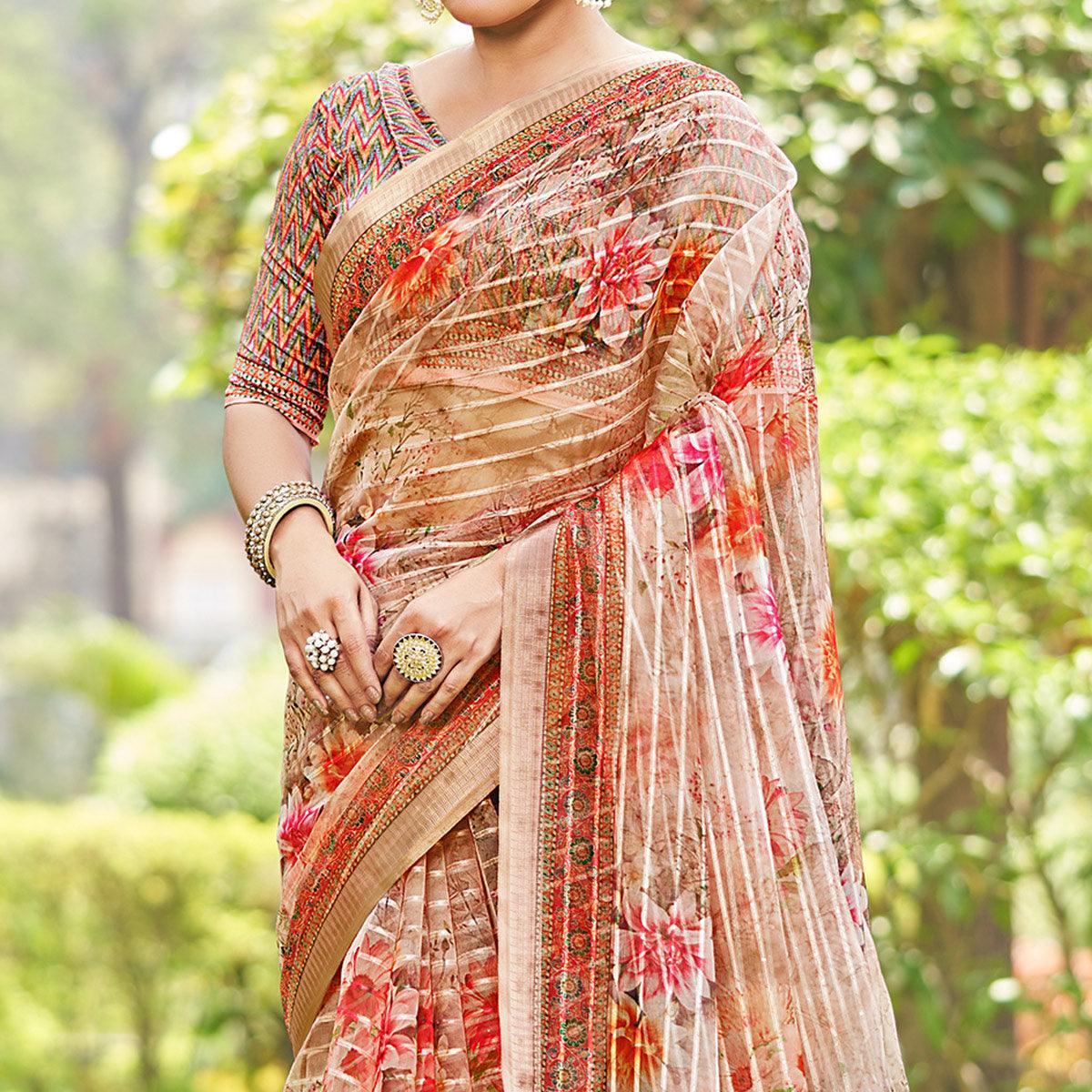 Brown Floral Digital Printed With Sequins Linen Saree