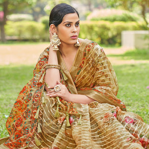 Brown Floral Digital Printed With Sequins Linen Saree