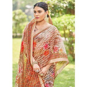 Brown Floral Digital Printed With Sequins Linen Saree