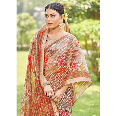 Brown Floral Digital Printed With Sequins Linen Saree