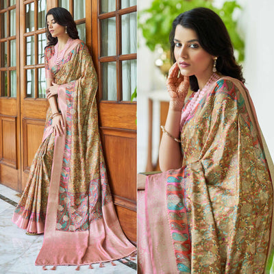 Brown Floral Digital Printed With Woven Border Art Silk Saree