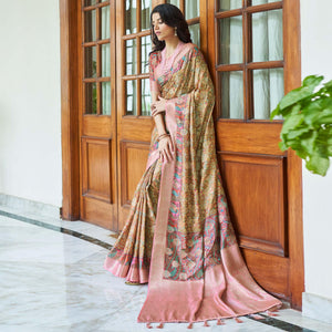Brown Floral Digital Printed With Woven Border Art Silk Saree