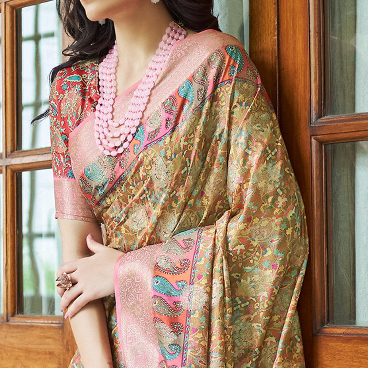 Brown Floral Digital Printed With Woven Border Art Silk Saree