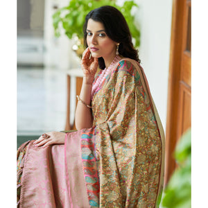 Brown Floral Digital Printed With Woven Border Art Silk Saree