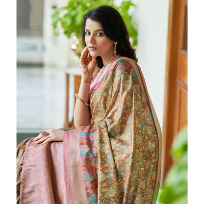Brown Floral Digital Printed With Woven Border Art Silk Saree