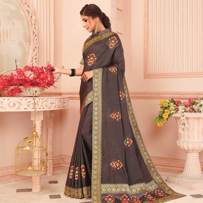 Brown Floral Emboidered Vichitra Silk Saree