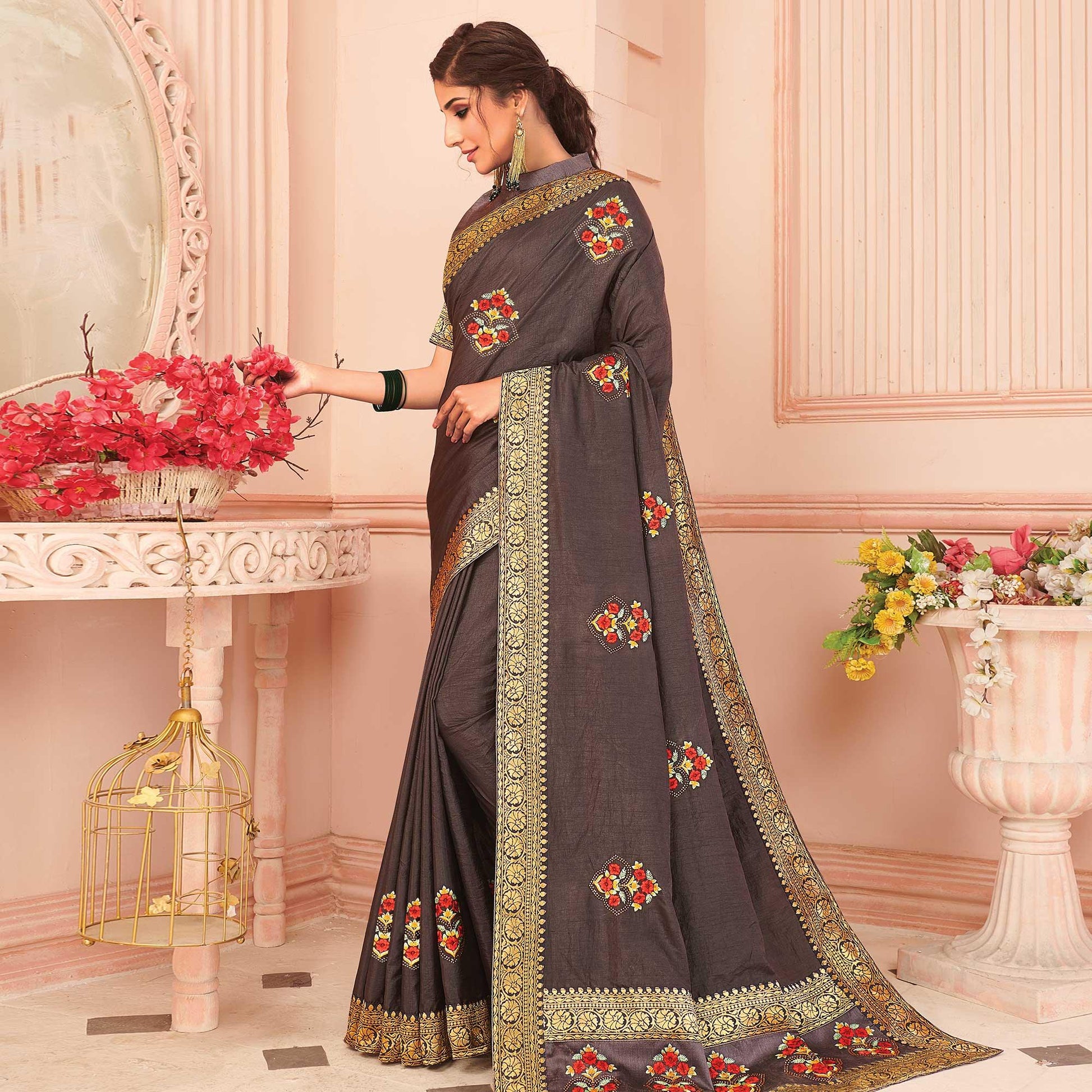 Brown Floral Emboidered Vichitra Silk Saree