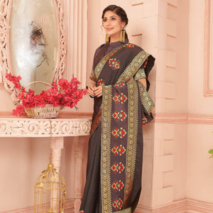 Brown Floral Emboidered Vichitra Silk Saree