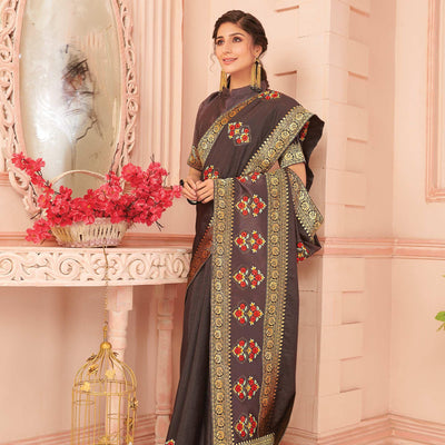 Brown Floral Emboidered Vichitra Silk Saree