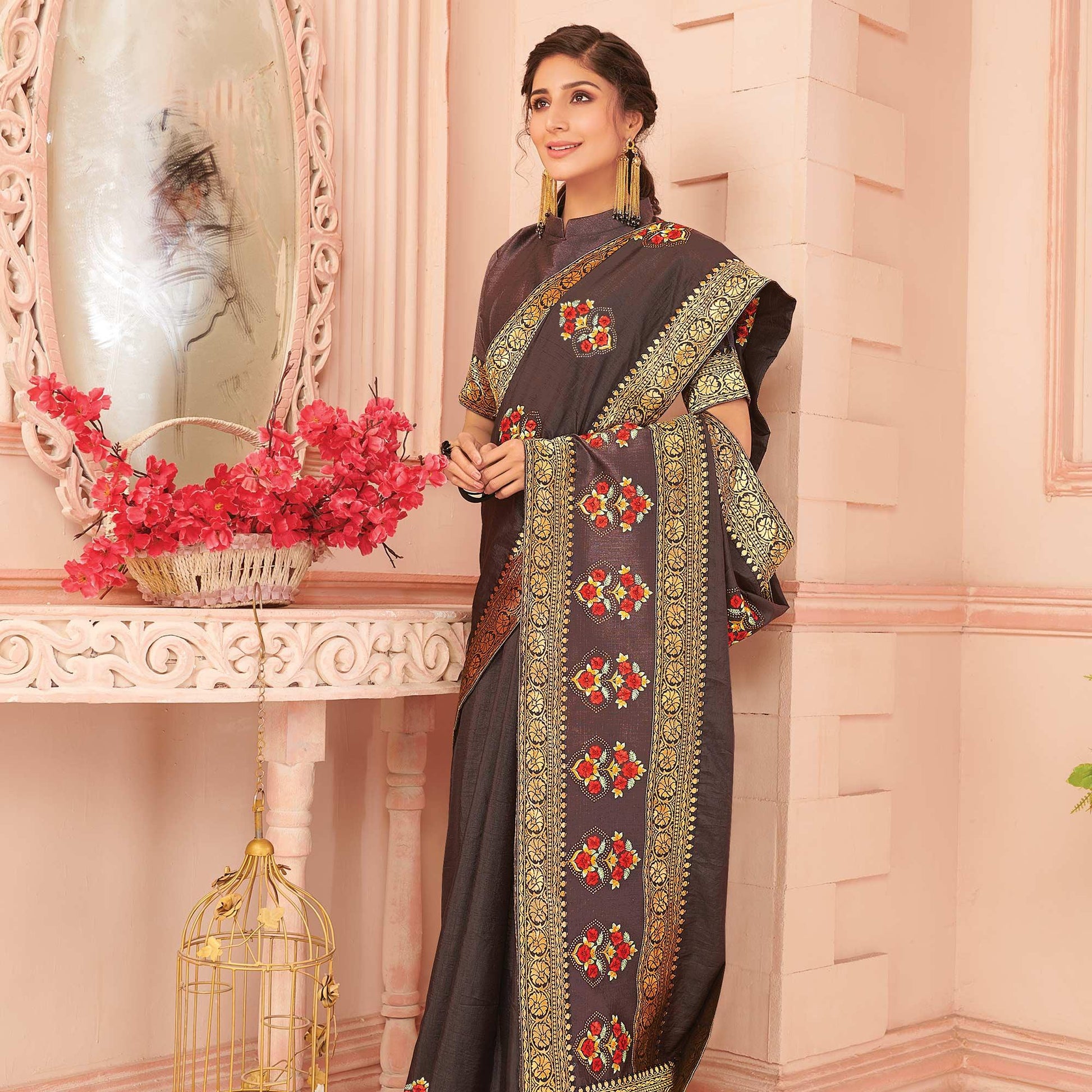 Brown Floral Emboidered Vichitra Silk Saree