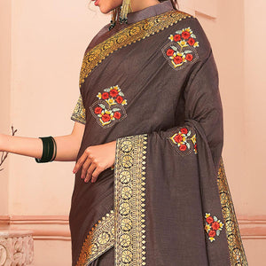 Brown Floral Emboidered Vichitra Silk Saree