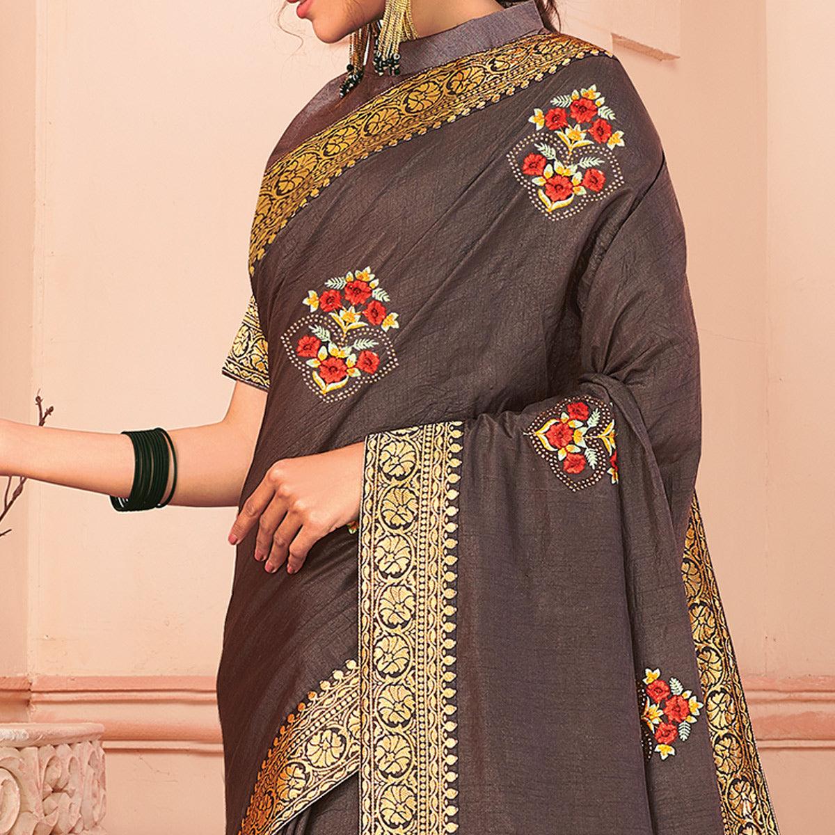 Brown Floral Emboidered Vichitra Silk Saree