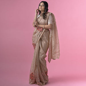 Brown Floral Embroidered Brasso Saree