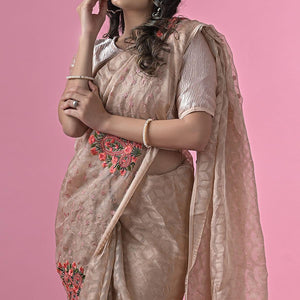 Brown Floral Embroidered Brasso Saree