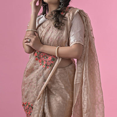 Brown Floral Embroidered Brasso Saree