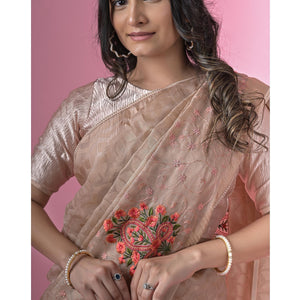 Brown Floral Embroidered Brasso Saree