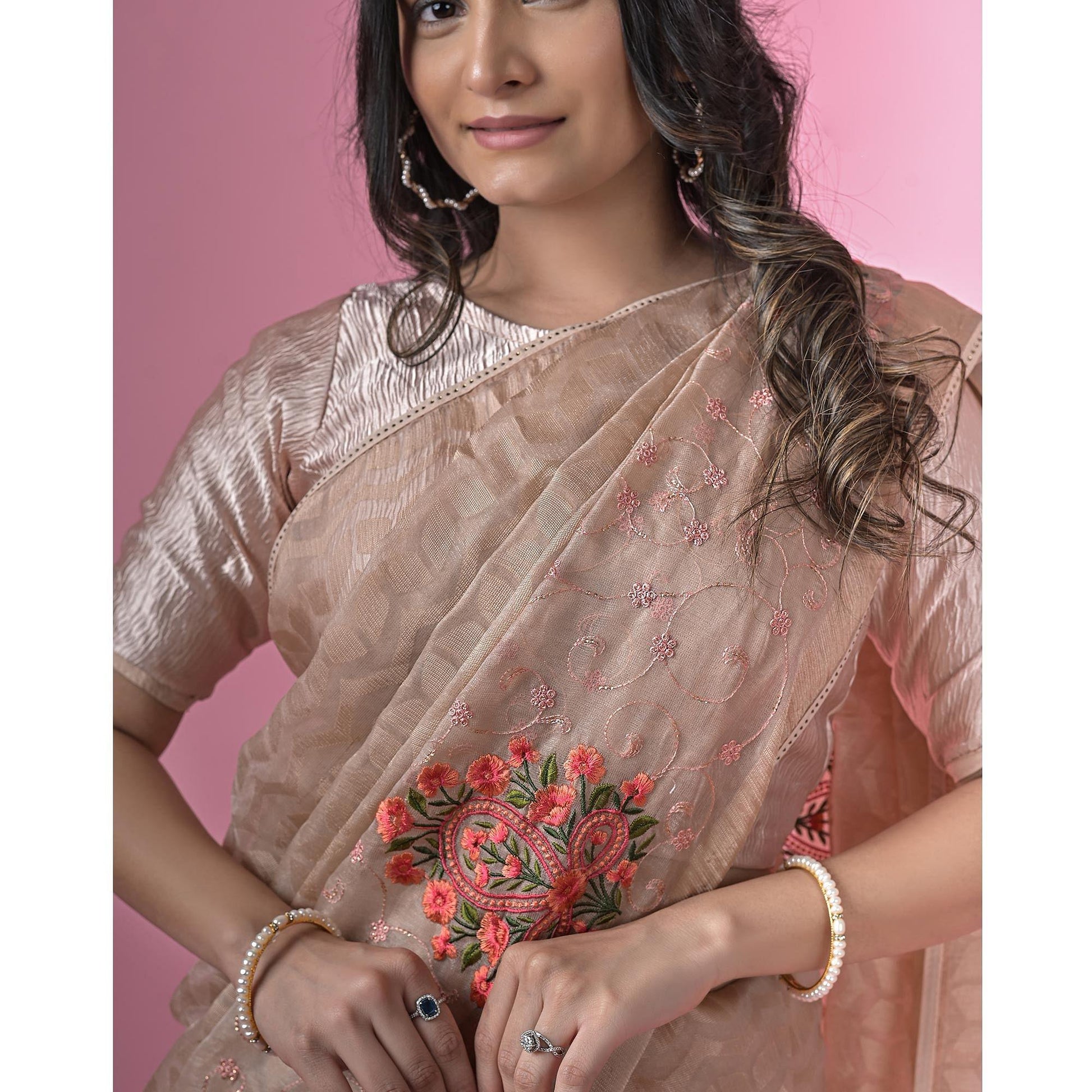 Brown Floral Embroidered Brasso Saree