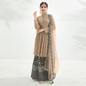 Brown Floral Embroidered Chiffon Palazzo Suit