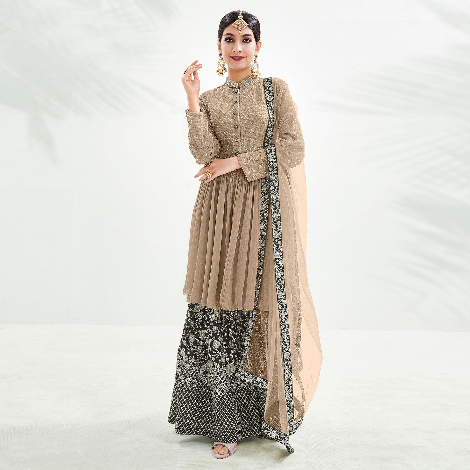 Brown Floral Embroidered Chiffon Palazzo Suit