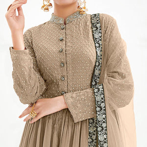 Brown Floral Embroidered Chiffon Palazzo Suit