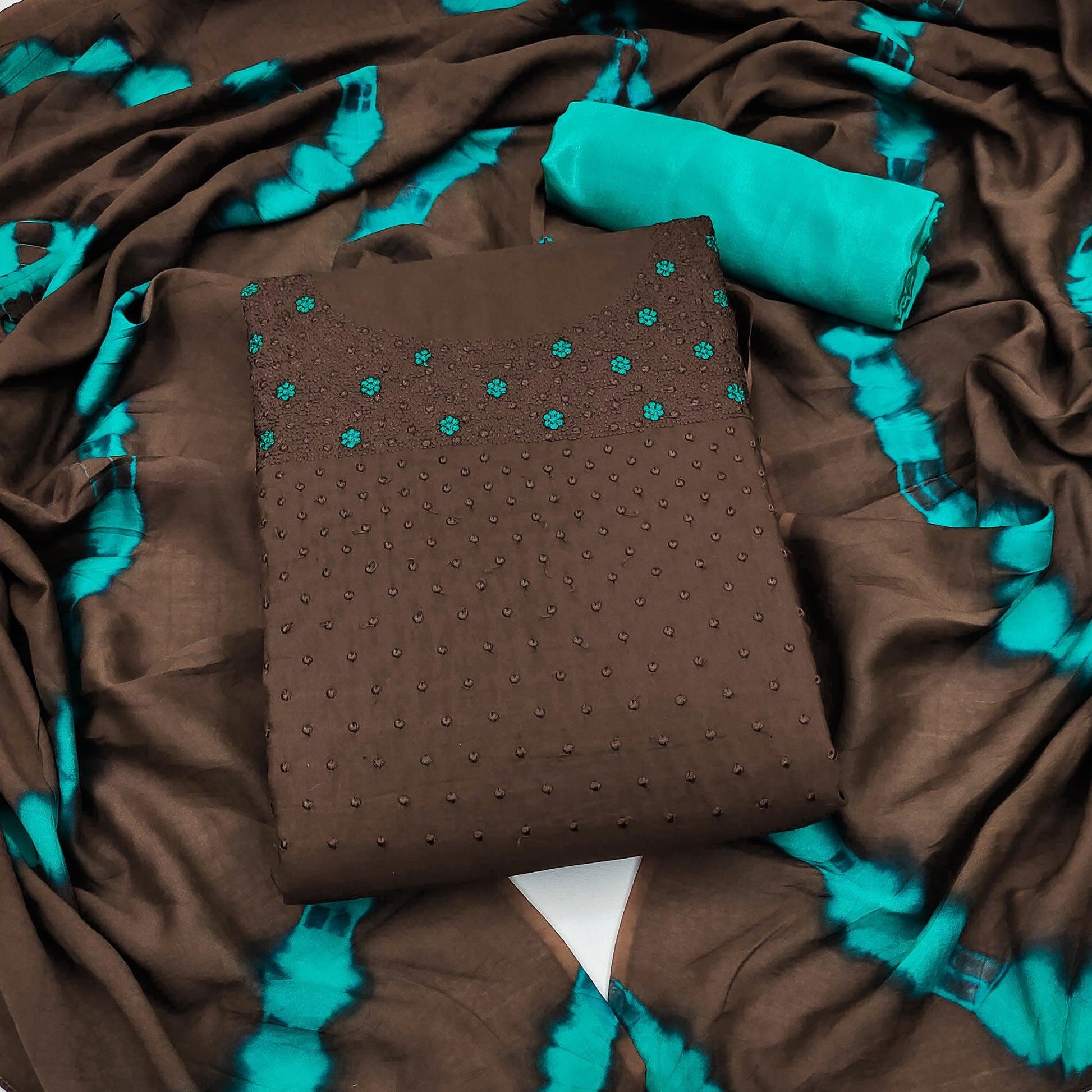 Brown Floral Embroidered Cotton Silk Dress Material