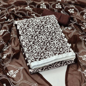Brown Floral Embroidered Georgette Dress Material