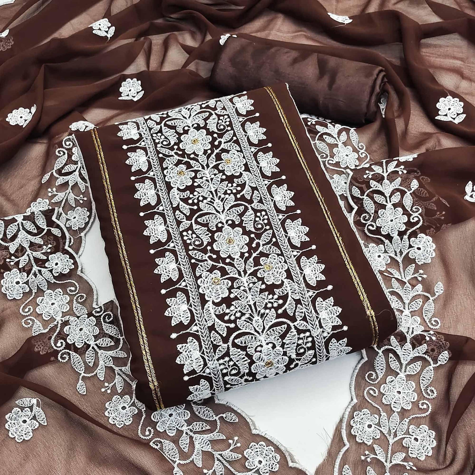 Brown Floral Embroidered Georgette Dress Material