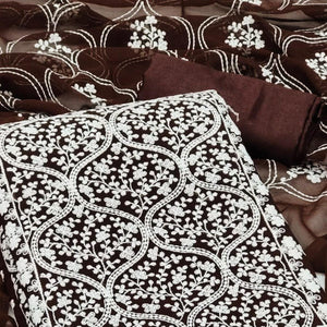 Brown Floral Embroidered Georgette Dress Material