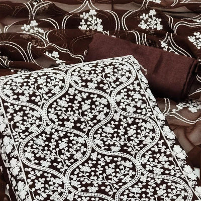 Brown Floral Embroidered Georgette Dress Material