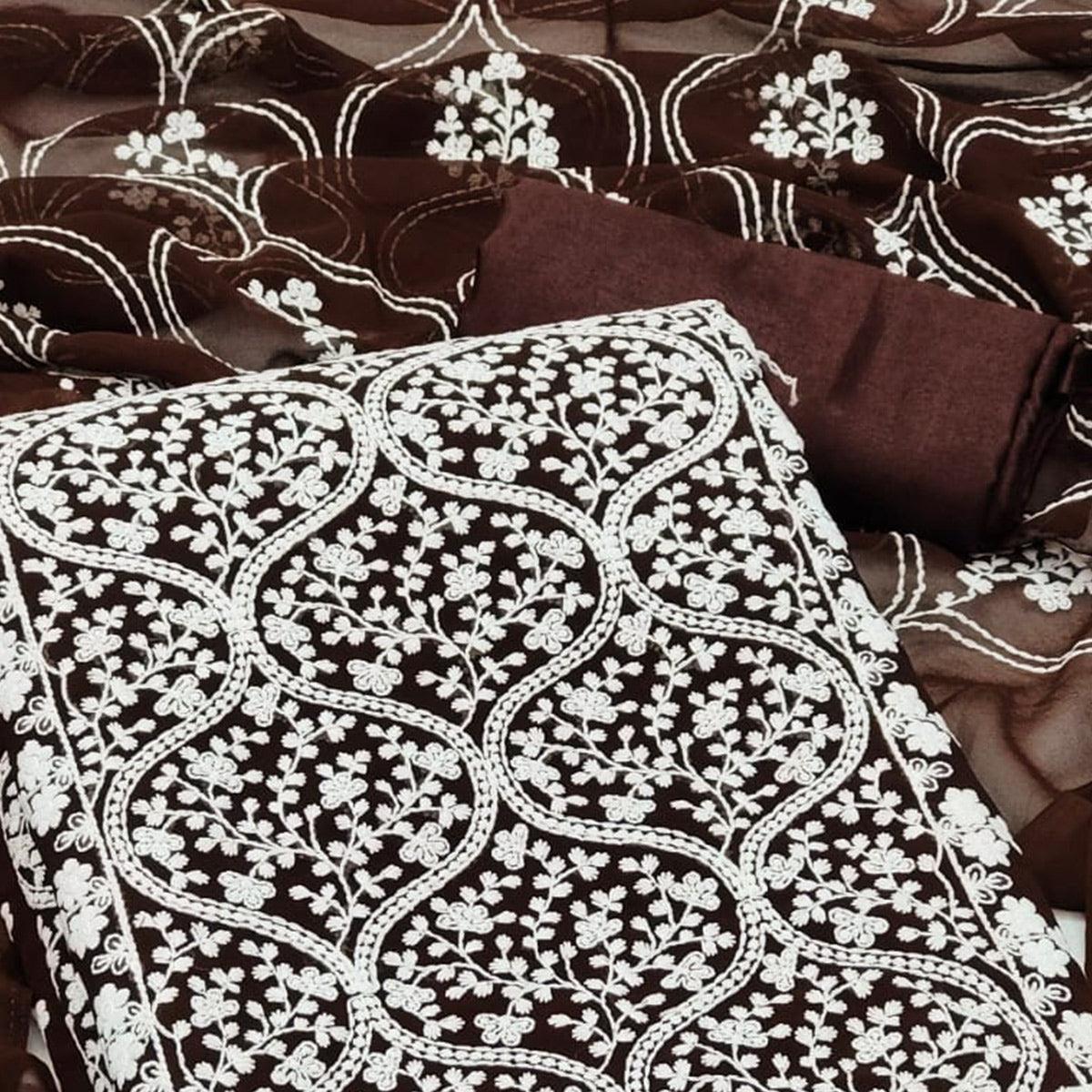 Brown Floral Embroidered Georgette Dress Material