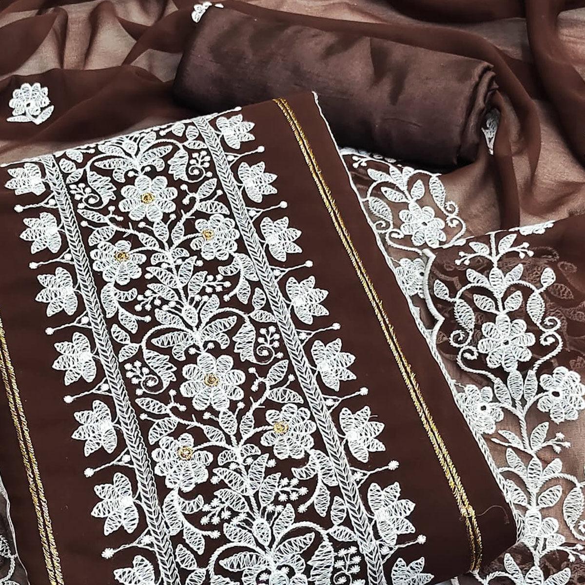Brown Floral Embroidered Georgette Dress Material