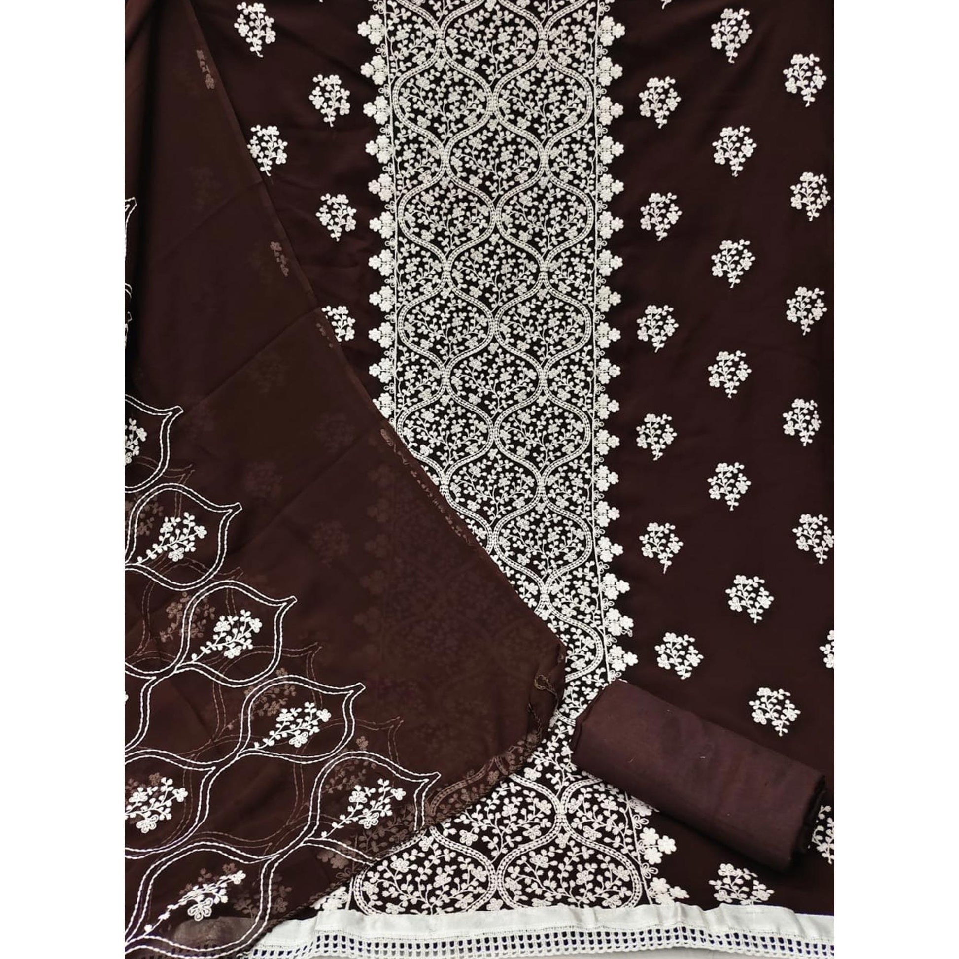 Brown Floral Embroidered Georgette Dress Material