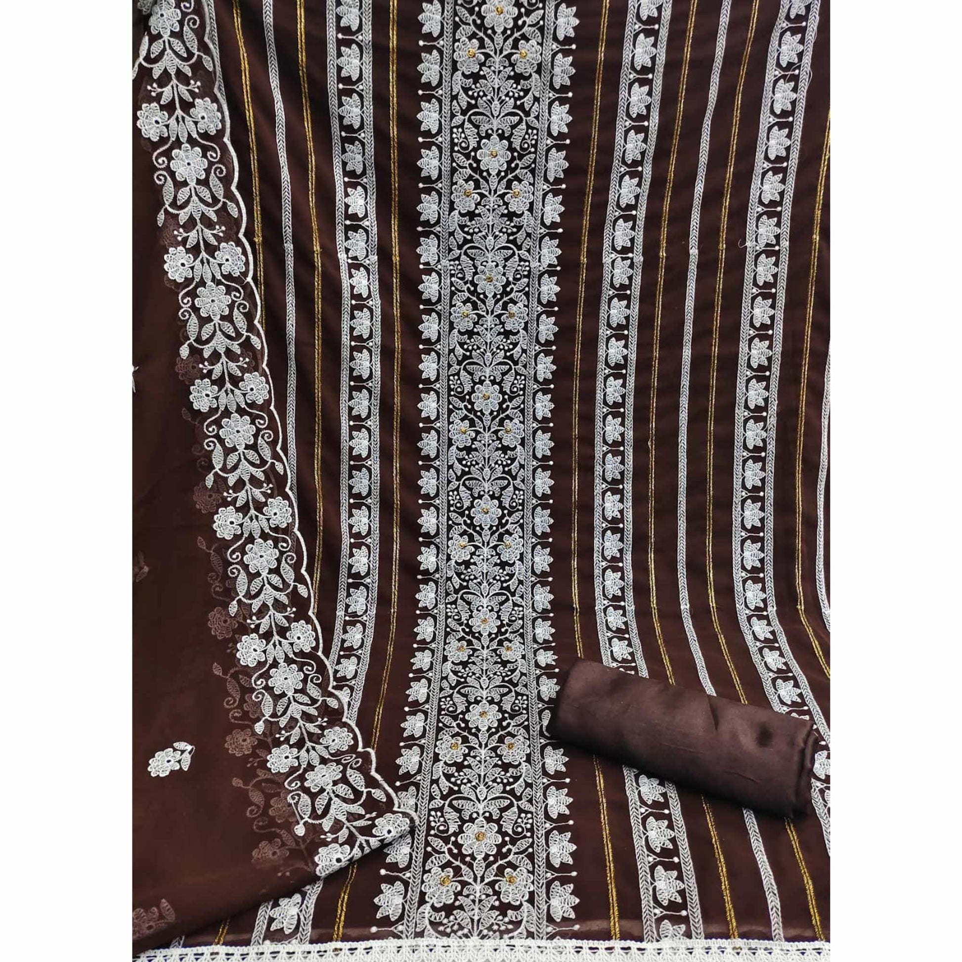 Brown Floral Embroidered Georgette Dress Material