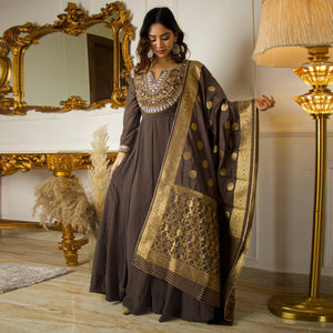 Brown Floral Embroidered Georgette Partywear Gown With Dupatta