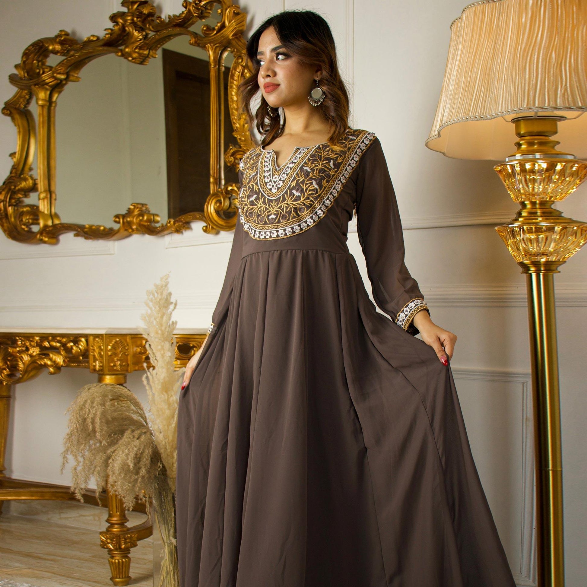Brown Floral Embroidered Georgette Partywear Gown With Dupatta