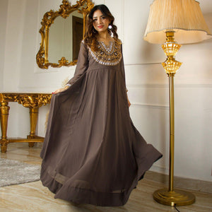 Brown Floral Embroidered Georgette Partywear Gown With Dupatta
