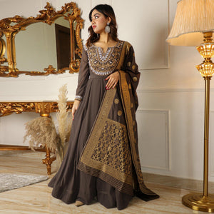 Brown Floral Embroidered Georgette Partywear Gown With Dupatta