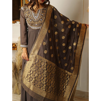 Brown Floral Embroidered Georgette Partywear Gown With Dupatta