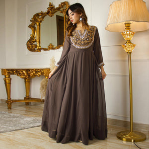 Brown Floral Embroidered Georgette Partywear Gown With Dupatta