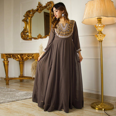 Brown Floral Embroidered Georgette Partywear Gown With Dupatta