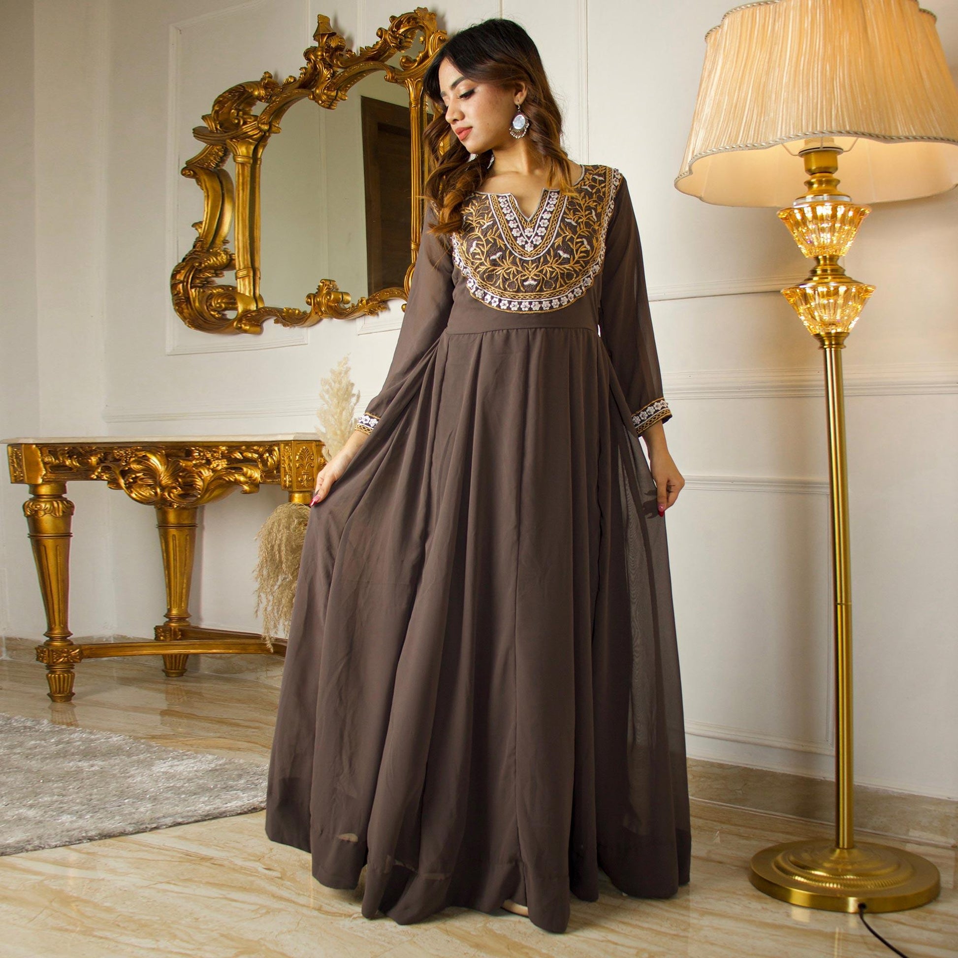 Brown Floral Embroidered Georgette Partywear Gown With Dupatta