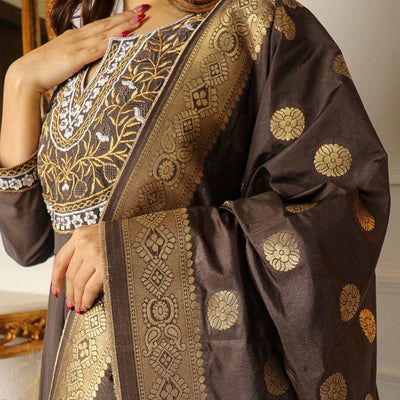 Brown Floral Embroidered Georgette Partywear Gown With Dupatta