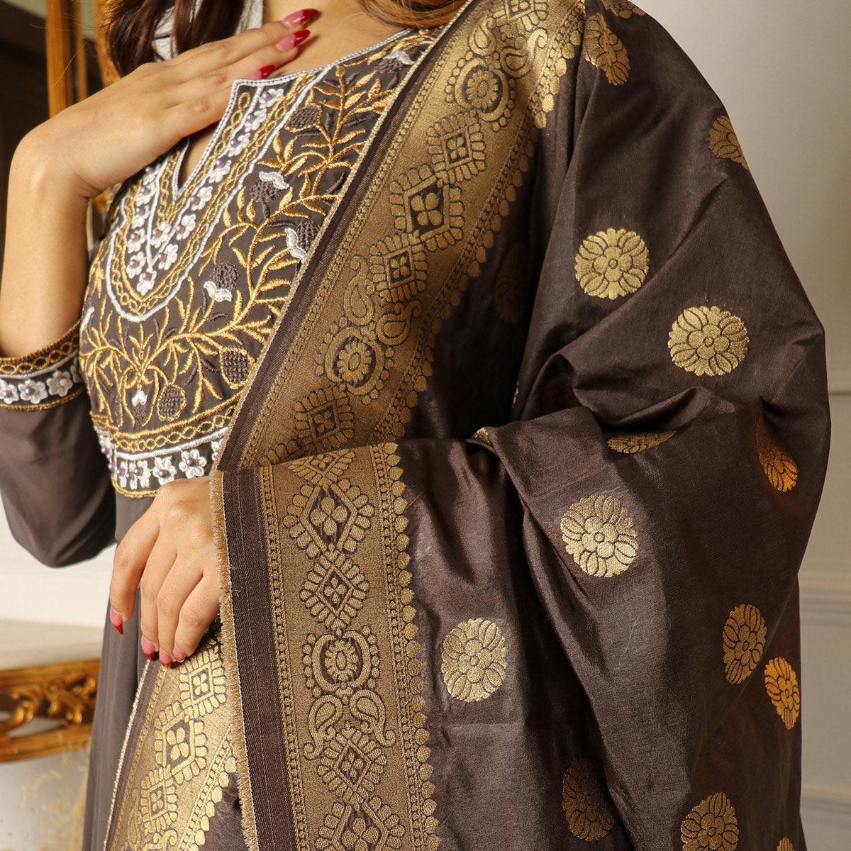 Brown Floral Embroidered Georgette Partywear Gown With Dupatta