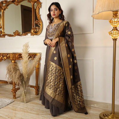 Brown Floral Embroidered Georgette Partywear Gown With Dupatta