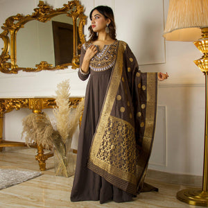 Brown Floral Embroidered Georgette Partywear Gown With Dupatta