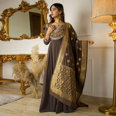 Brown Floral Embroidered Georgette Partywear Gown With Dupatta